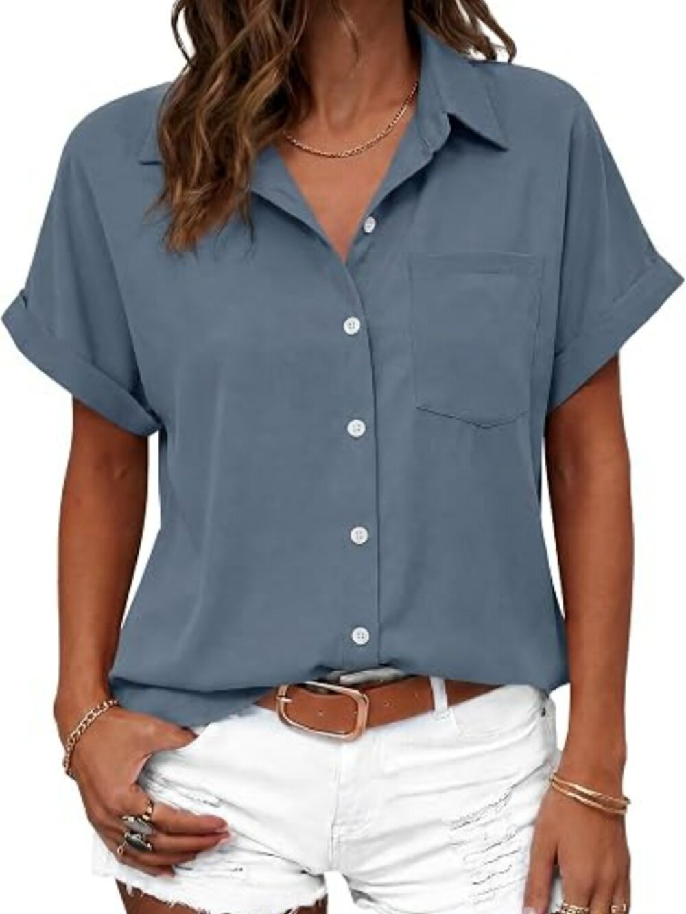 Women’s Short-Sleeve Button-Down Blouse - Dusty Blue